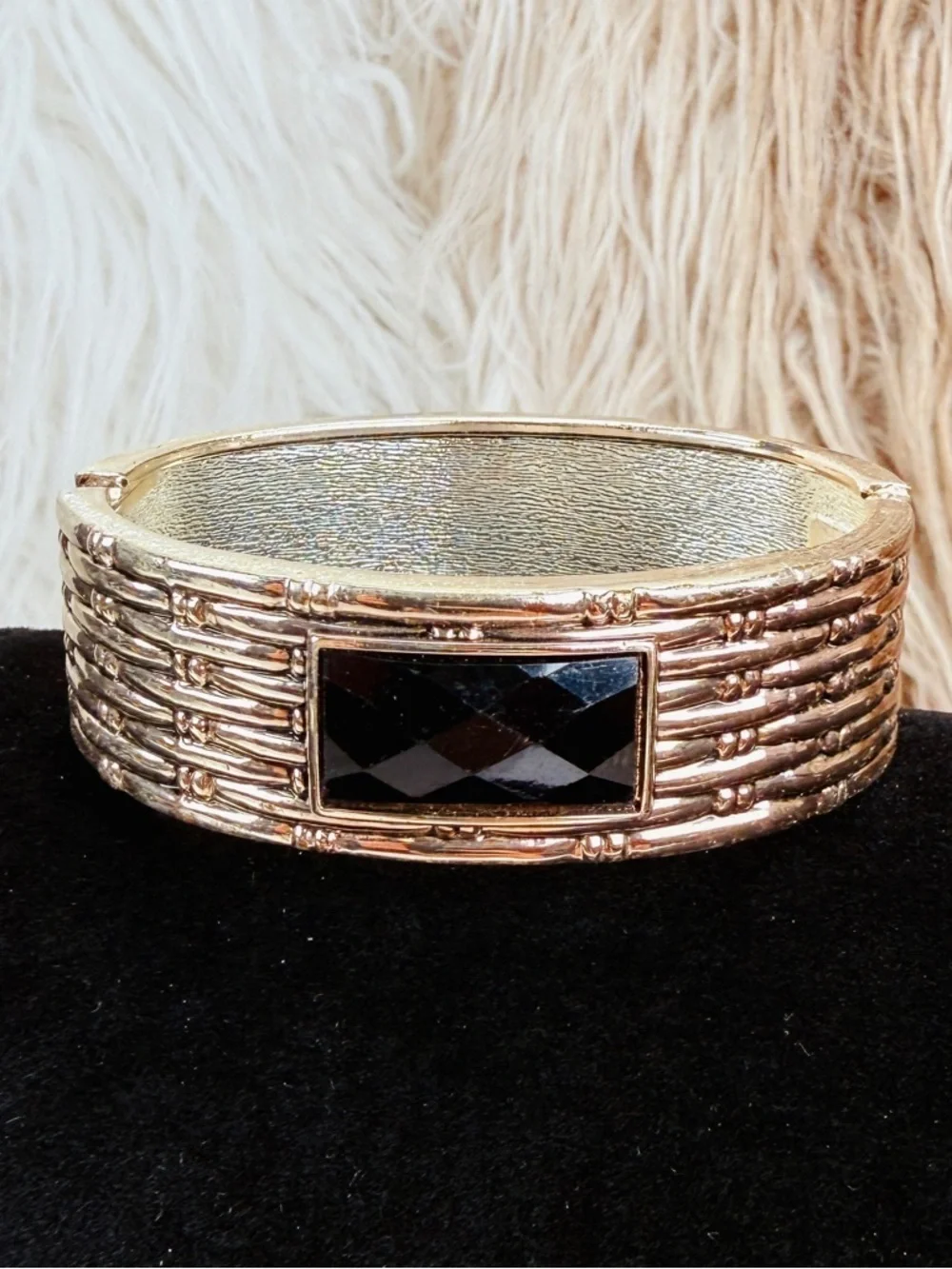 Textured Silvertone Bangle Bracelet with Black Accent